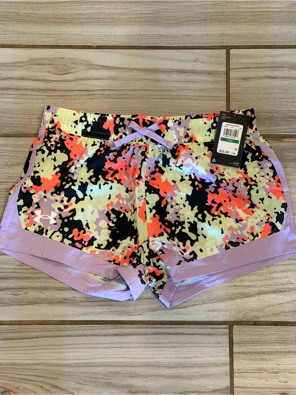 Under Armour Neon Camo Running Shorts with Lavender Trim